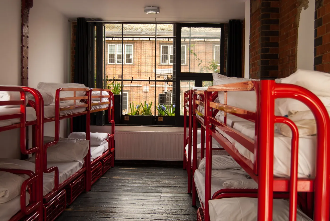 Dorm room with rows of red bunk beds either side of a large window